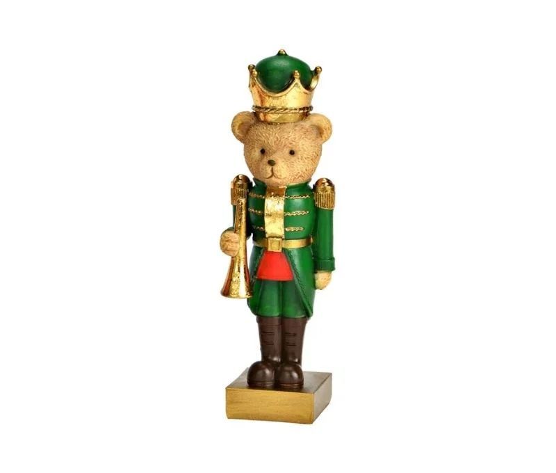 Figurine ourson casse-noisette poly vert doré uniforme trompette dorée couronne verte socle doré Noël H16cm