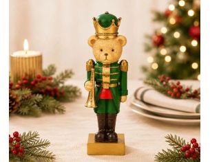 Figurine ourson casse-noisette poly vert doré uniforme trompette dorée couronne verte socle doré Noël H16cm