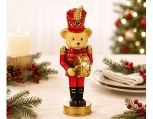 Figurine ourson casse-noisette poly rouge doré uniforme tambour doré chapeau plume rouge socle doré Noël H16cm