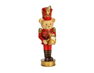 Figurine ourson casse-noisette poly rouge doré uniforme tambour doré chapeau plume rouge socle doré Noël H16cm