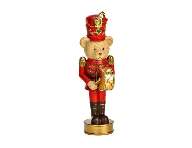 Figurine ourson casse-noisette poly rouge doré uniforme tambour doré chapeau plume rouge socle doré Noël H16cm