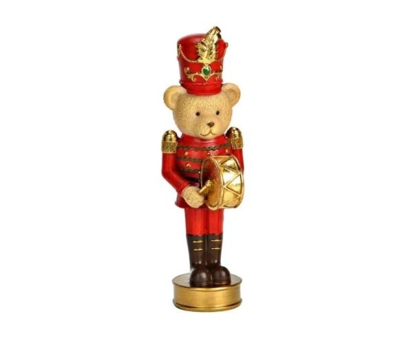 Figurine ourson casse-noisette poly rouge doré uniforme tambour doré chapeau plume rouge socle doré Noël H16cm