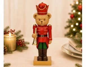 Figurine ourson casse-noisette poly rouge doré uniforme vert trompette dorée couronne rouge socle doré Noël H24cm
