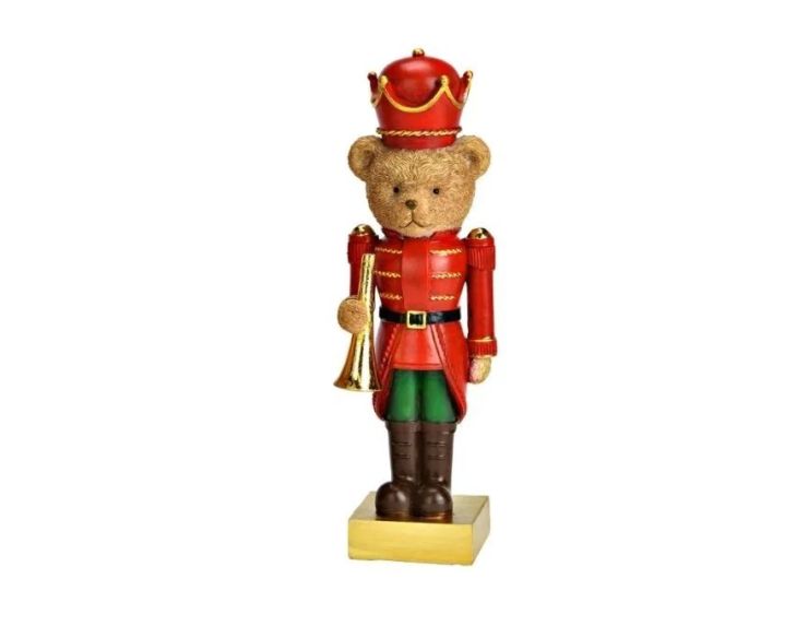 Figurine ourson casse-noisette poly rouge doré uniforme vert trompette dorée couronne rouge socle doré Noël H24cm