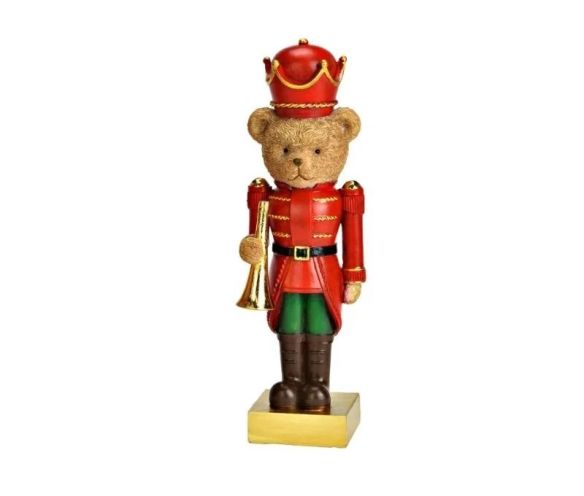 Figurine ourson casse-noisette poly rouge doré uniforme vert trompette dorée couronne rouge socle doré Noël H24cm