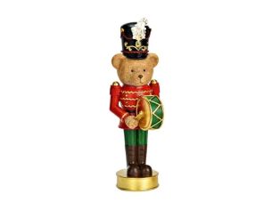 Figurine ourson casse-noisette poly rouge vert chapeau noir plume blanche tambour vert doré socle doré Noël H24cm