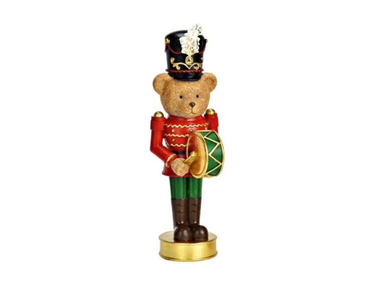 Figurine ourson casse-noisette poly rouge vert chapeau noir plume blanche tambour vert doré socle doré Noël H24cm