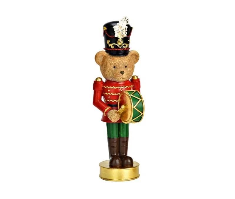 Figurine ourson casse-noisette poly rouge vert chapeau noir plume blanche tambour vert doré socle doré Noël H24cm