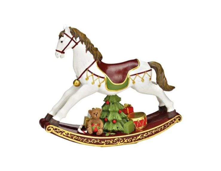 Cheval bascule Noël poly blanc selle rouge verte dorée bascule arabesques ourson sapin cadeaux tambour L30cm