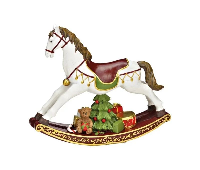 Cheval bascule Noël poly blanc selle rouge verte dorée bascule arabesques ourson sapin cadeaux tambour L30cm
