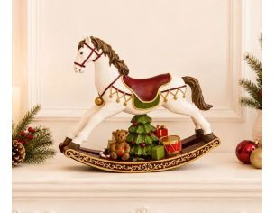 Cheval bascule Noël poly blanc selle rouge verte dorée bascule arabesques ourson sapin cadeaux tambour L30cm