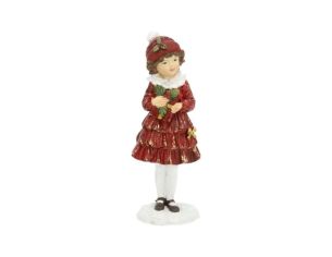 Figurine enfant fille Noël poly robe rouge bordeaux dorée volants col blanc bonnet rouge houx bouquet socle neige H17cm