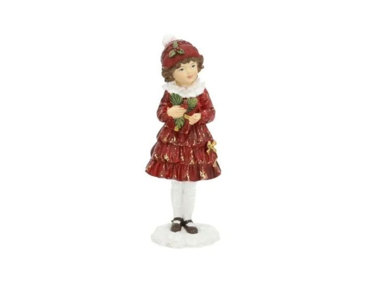 Figurine enfant fille Noël poly robe rouge bordeaux dorée volants col blanc bonnet rouge houx bouquet socle neige H17cm