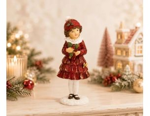 Figurine enfant fille Noël poly robe rouge bordeaux dorée volants col blanc bonnet rouge houx bouquet socle neige H17cm