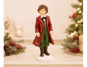 Figurine enfant garçon Noël poly manteau rouge doré veste verte pantalon vert nœud papillon noir bottes marron socle neige H17cm