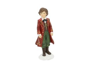 Figurine enfant garçon Noël poly manteau rouge doré veste verte pantalon vert nœud papillon noir bottes marron socle neige H17cm