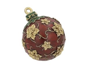 Boule Noël décorative poly bordeaux relief poinsettias feuilles dorées arabesque capuchon vert doré H14cm