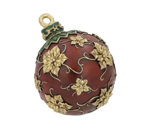 Boule Noël décorative poly bordeaux relief poinsettias feuilles dorées arabesque capuchon vert doré H14cm