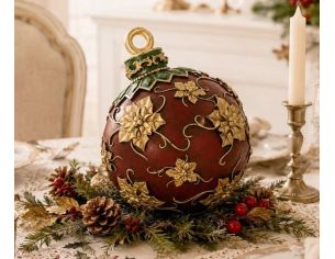 Boule Noël décorative poly bordeaux relief poinsettias feuilles dorées arabesque capuchon vert doré H14cm