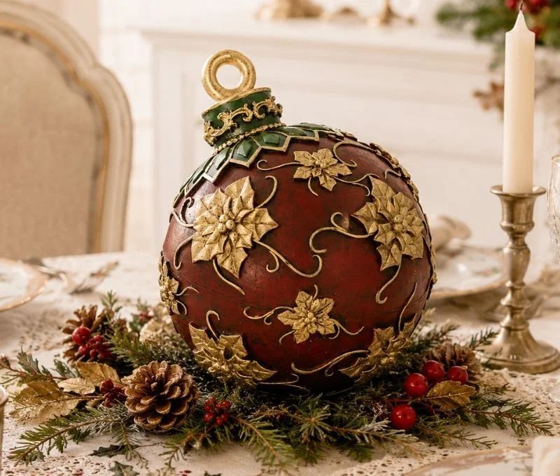 Boule Noël décorative poly bordeaux relief poinsettias feuilles dorées arabesque capuchon vert doré H14cm