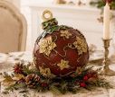 Voir la slide Boule Noël décorative poly bordeaux relief poinsettias feuilles dorées arabesque capuchon vert doré H14cm