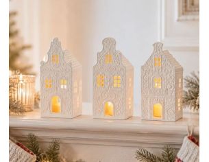 Set 3 maisons bougeoir LED porcelaine blanche arabesques relief pignon façades style hollandais lumière chaude Noël H16cm