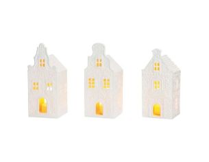 Set 3 maisons bougeoir LED porcelaine blanche arabesques relief pignon façades style hollandais lumière chaude Noël H16cm