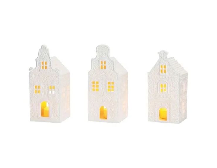Set 3 maisons bougeoir LED porcelaine blanche arabesques relief pignon façades style hollandais lumière chaude Noël H16cm