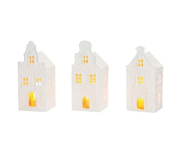 Set 3 maisons bougeoir LED porcelaine blanche arabesques relief pignon façades style hollandais lumière chaude Noël H16cm