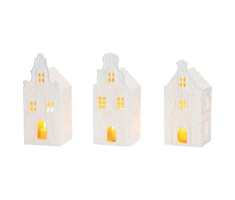 Set 3 maisons bougeoir LED porcelaine blanche arabesques relief pignon façades style hollandais lumière chaude Noël H16cm