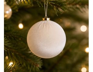Boule Noël velours tissu blanc crème texture douce capuchon doré Ø8cm
