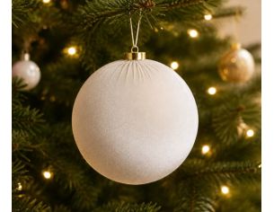 Boule Noël velours tissu blanc crème texture douce capuchon doré Ø10cm