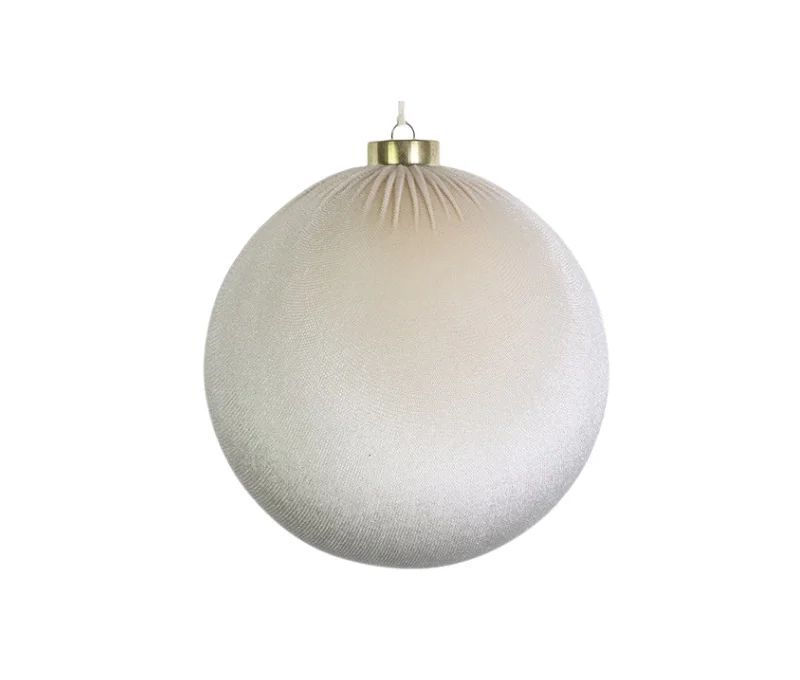 Boule Noël velours tissu blanc crème texture douce capuchon doré Ø12cm