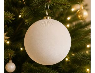 Boule Noël velours tissu blanc crème texture douce capuchon doré Ø12cm