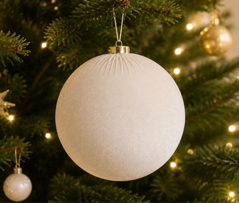 Boule Noël velours tissu blanc crème texture douce capuchon doré Ø12cm