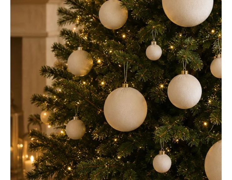 Boule Noël velours tissu blanc crème texture douce capuchon doré 20cm