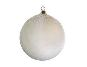 Boule Noël velours tissu blanc crème texture douce capuchon doré 20cm