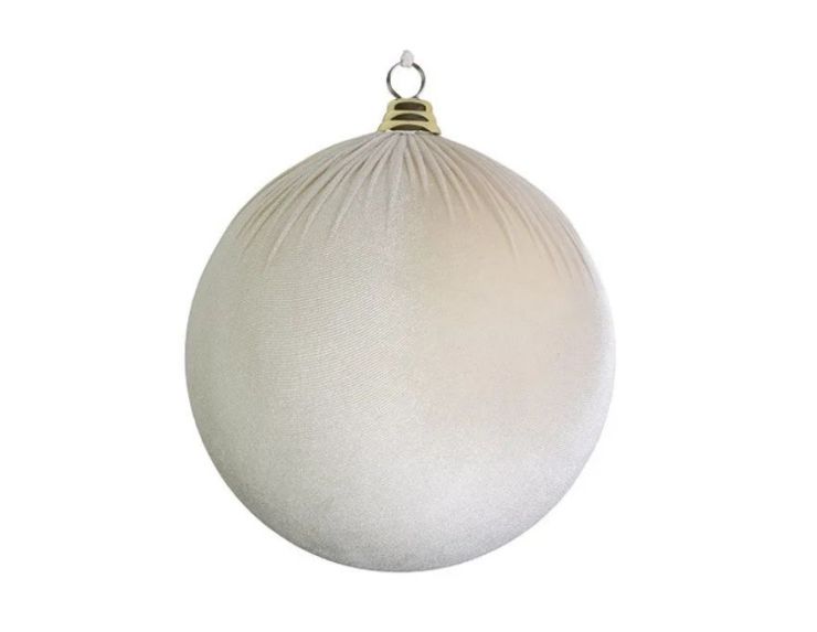 Boule Noël velours tissu blanc crème texture douce capuchon doré 20cm