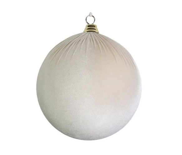 Boule Noël velours tissu blanc crème texture douce capuchon doré 20cm