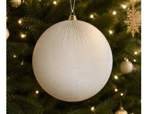 Boule Noël velours tissu blanc crème texture douce capuchon doré 20cm