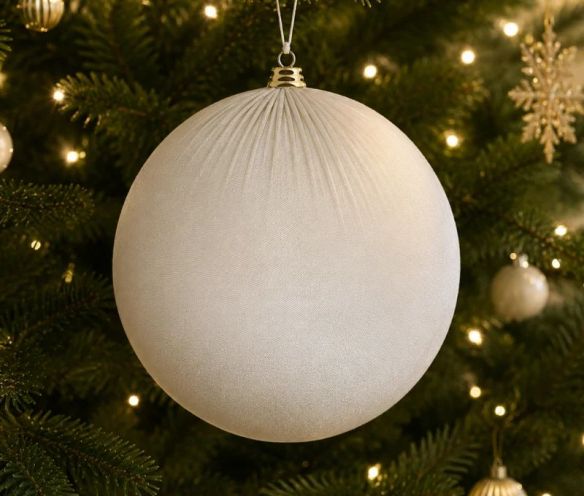 Boule Noël velours tissu blanc crème texture douce capuchon doré 20cm