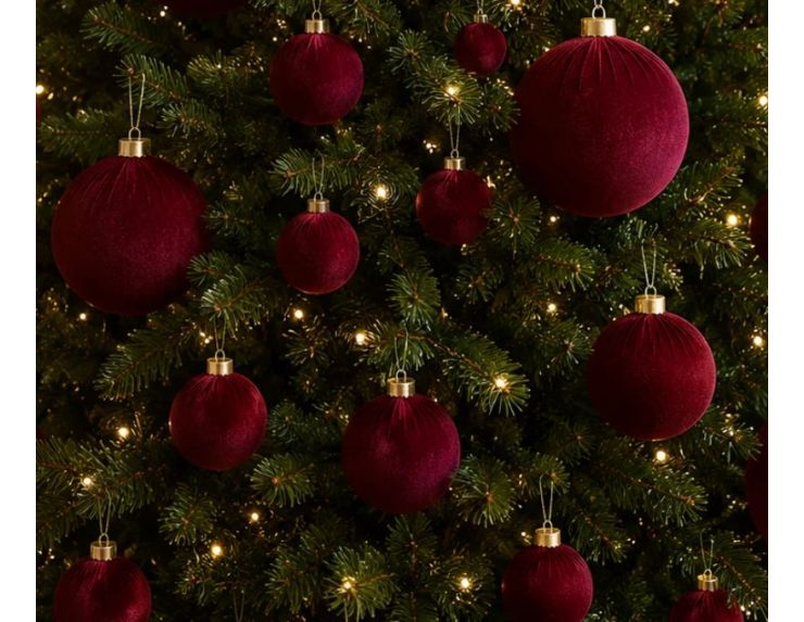 Boule Noël velours tissu bordeaux texture douce incassable déco sapin de Noël entier