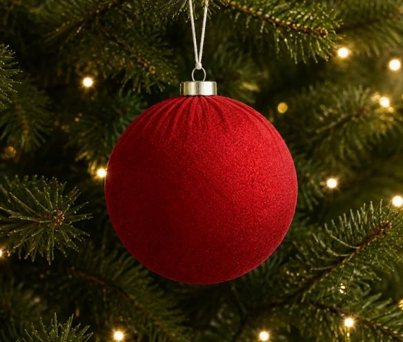 Boule Noël velours tissu rouge vif texture douce incassable 10cm