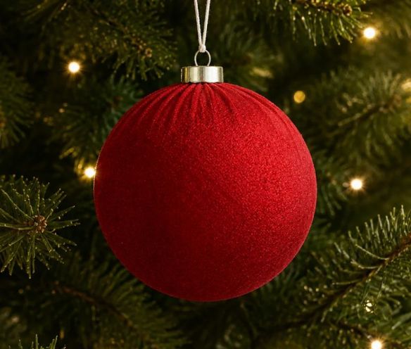 Boule Noël velours tissu rouge vif texture douce incassable 12cm