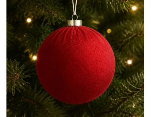 Grande boule Noël velours tissu rouge vif texture douce incassable 15cm
