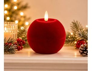 Bougie LED boule velours rouge flocké flamme réaliste Ø10cm