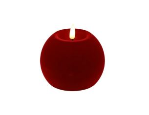 Bougie LED boule velours rouge flocké flamme réaliste Ø10cm