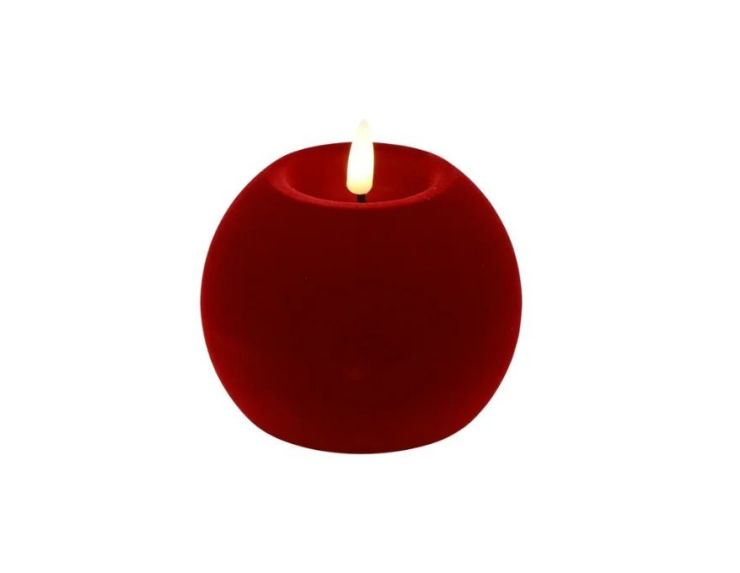 Bougie LED boule velours rouge flocké flamme réaliste Ø10cm