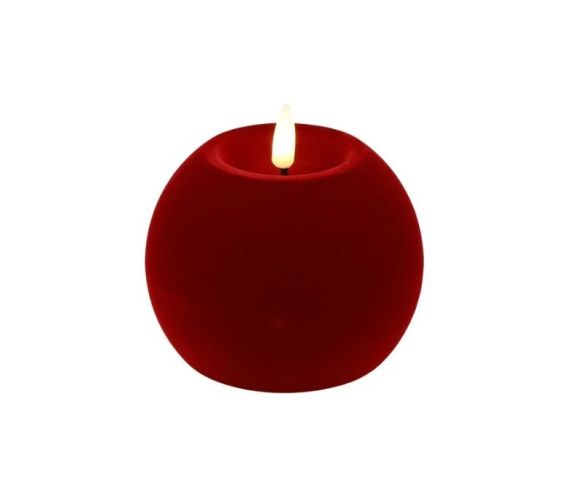 Bougie LED boule velours rouge flocké flamme réaliste Ø10cm
