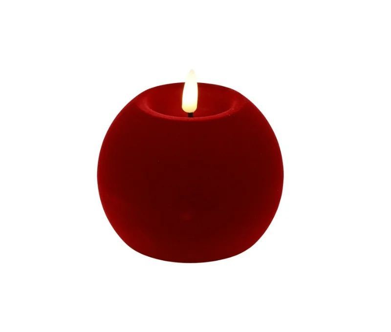 Bougie LED boule velours rouge flocké flamme réaliste Ø10cm